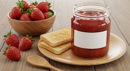 Delicious strawberry jam in glass jar with blank label, fresh strawberries, toast on wooden plate. Perfect for food, packaging, or advertising mockup