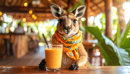 Obraz premium Kangaroo in scarf with a drink, outdoor patio, sunny, table view, bright