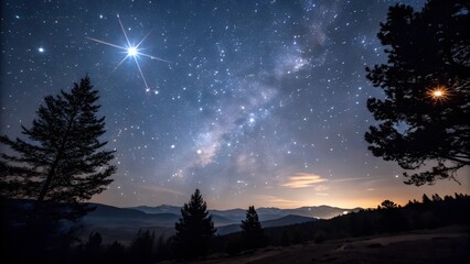 Fototapeta premium Serene Night Sky: Milky Way, Mountains, and Silhouetted Trees Under a Starlit Expanse