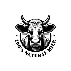 cow on white background , a cow head inside a circle with natural milk text