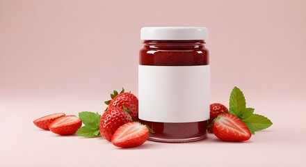 Delicious strawberry jam in glass jar with blank label, fresh strawberries, toast on wooden plate. Perfect for food, packaging, or advertising mockup