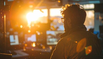 Person bathed in golden light looks at computer screens in an office