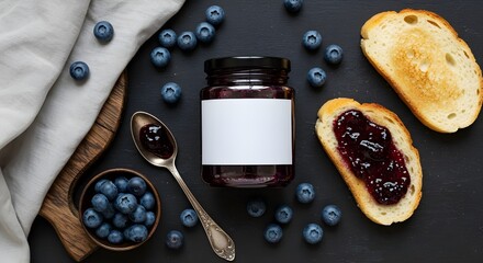  Flat lay mockup of blueberry jam jar, scattered berries, teaspoon, jam-spread toast, and minimal kitchen props on a dark, moody surface, creating an atmospheric and inviting food scene.