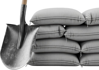 A metal shovel with a wooden handle rests against a robust wall of stacked grey sandbags