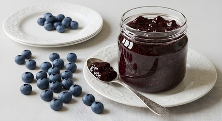 Glass jar of rich blueberry jam, surrounded by fresh blueberries, a silver spoon, and white ceramic plates on a linen tablecloth, exuding a classic, inviting breakfast scen