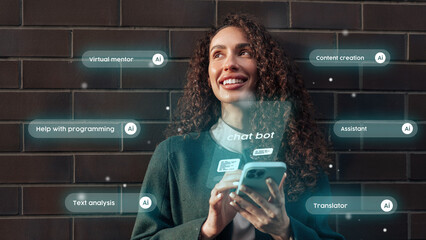 Woman using smartphone with holographic AI features in urban setting, showcasing technology in...