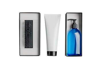 Men's Shaving Kit White Tube, Blue Bottle, and Black Comb in Gift Box on a transparent background