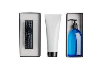 Men's Shaving Kit White Tube, Blue Bottle, and Black Comb in Gift Box on a transparent background