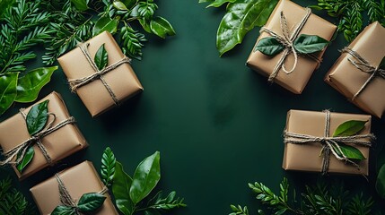 a group of brown wrapped presents surrounded by gr