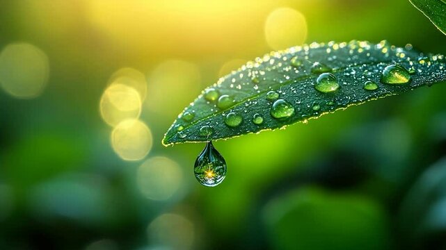 Dewdrop on green leaf sunlight