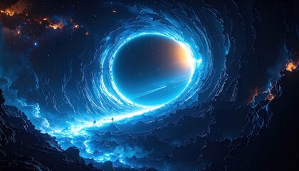 Celestial vortex swirling clouds frame a luminous ring against dark space