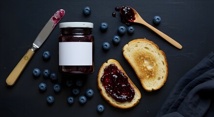 Flat lay mockup of blueberry jam jar, scattered berries, teaspoon, jam-spread toast, and minimal kitchen props on a dark, moody surface, creating an atmospheric and inviting food scene