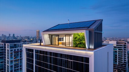 Fototapeta premium Modern Rooftop Oasis with Green Wall and City View