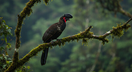 Large black curassow bird resting on a mossy branch in cloud forest.