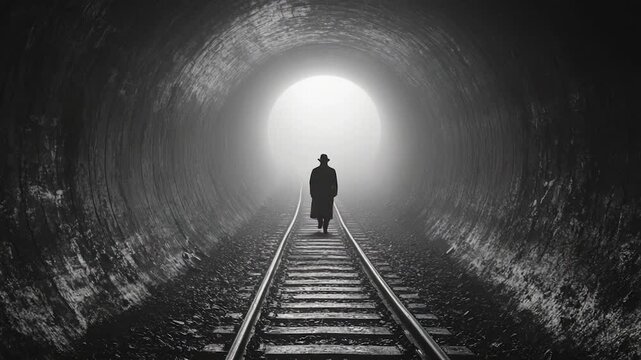 Person walking tunnel train tracks