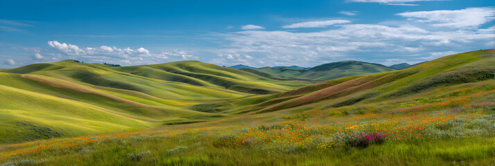 Waves of Earth: A Serene Symphony of Undulating Hills and Blossoming Wildflowers
