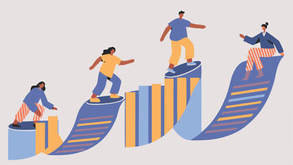 Fototapeta premium People navigating a rising bar graph with a winding path towards success and achievement goal setting