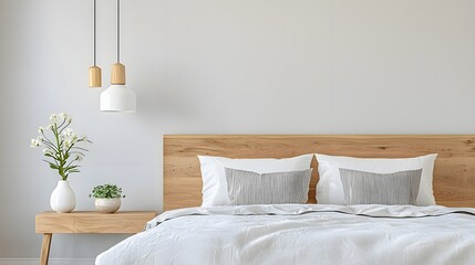 a wooden headboard on a bed
