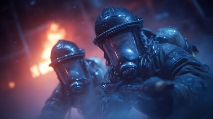 Firefighters battling blaze with smoke, and rescue.
