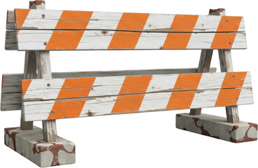 Weathered wooden construction barrier displaying orange and white diagonal warning stripes Rustic safety obstacle