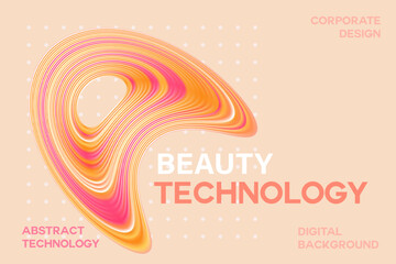 Aesthetic beige digital beauty technology background, futuristic geometric shape with flowing nude pink, light yellow gradient swirl texture. Elegant cosmetic poster, skincare tech banner.