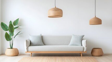 a living room with a couch and a plant