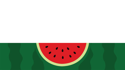 Flat vector illustration featuring a watermelon slice with black seeds and a green striped rind, with a border on white background
