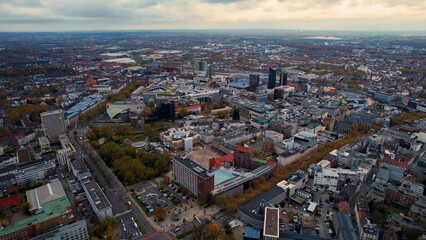 Aerial view of the old town of the city Dortmund on a cloudy day in autumn in Germany.