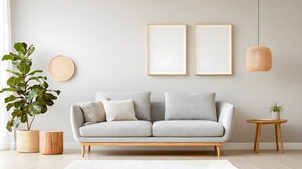a living room with a couch and a plant