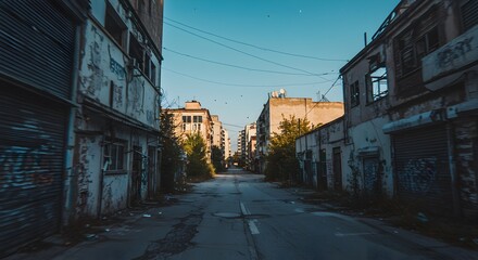 Obraz premium Abandoned alleyway lined with dilapidated buildings.