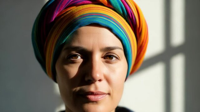 Woman in colorful headwrap soft light