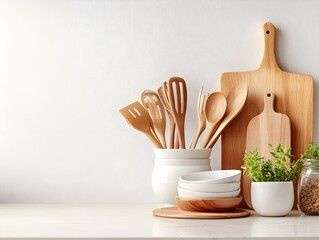 a kitchen counter with wooden uts and uts on it