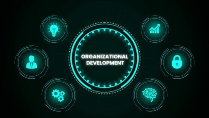 Organizational development conceptual diagram displaying icons for strategy and business growth