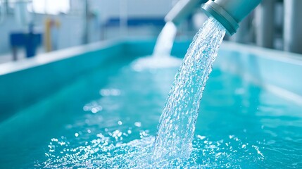 An advanced wastewater treatment section within a chemical plant, with clear, purified water flowing out into a clean natural environment, highlighting responsible effluent management