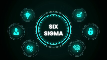 Six sigma process management illustration with glowing icons on a dark background