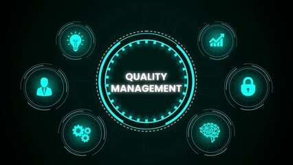 Quality management concept illustrated with futuristic digital icons on a dark background