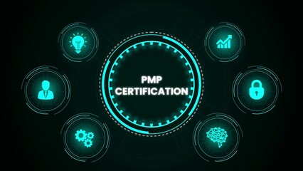 Modern glowing pmp certification concept with icons representing ideas and project management