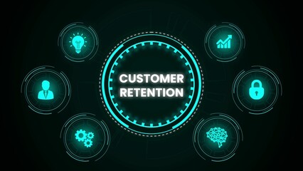 Customer retention strategy represented by futuristic user interface design with glowing icons