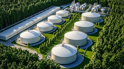 An aerial view of a chemical plant integrated with natural surroundings, featuring green belts, buffer zones, and minimal visual impact, highlighting environmental consciousness