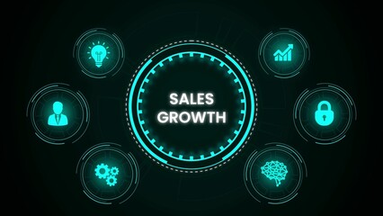 Futuristic sales growth concept with neon icons representing business development and strategy