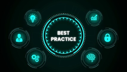 Best practice concept with icons illustrating business ideas and solutions on a dark background