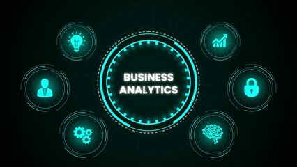 Business analytics infographic with futuristic icons displaying strategy and security concepts