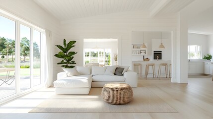 a living room filled with furniture and a large wi