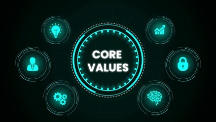 Core values concept represented by light blue icons against a dark background for business