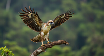 Obraz premium Raptor spreading wings on branch, sharp gaze, ready to fly.