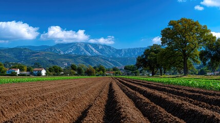 Cultivated farmland with mountain backdrop