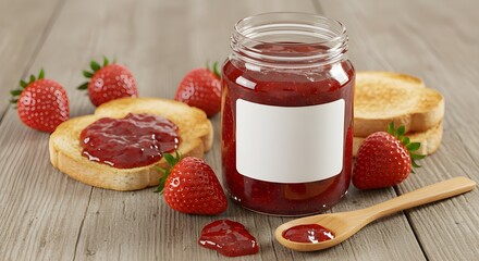 Delicious strawberry jam in glass jar with blank label, fresh strawberries, toast on wooden plate. Perfect for food, packaging, or advertising mockup, homemade strawberry jam