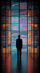 Fototapeta premium Data Overload: A Man Contemplates the Immense Wall of Financial Information