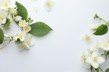 Beautiful jasmine flowers and green leaves on white background, flat lay. Space for text