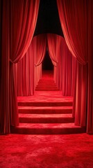 Fototapeta premium Striking red velvet curtains frame a grand staircase leading to a mysterious location illuminated by soft lighting